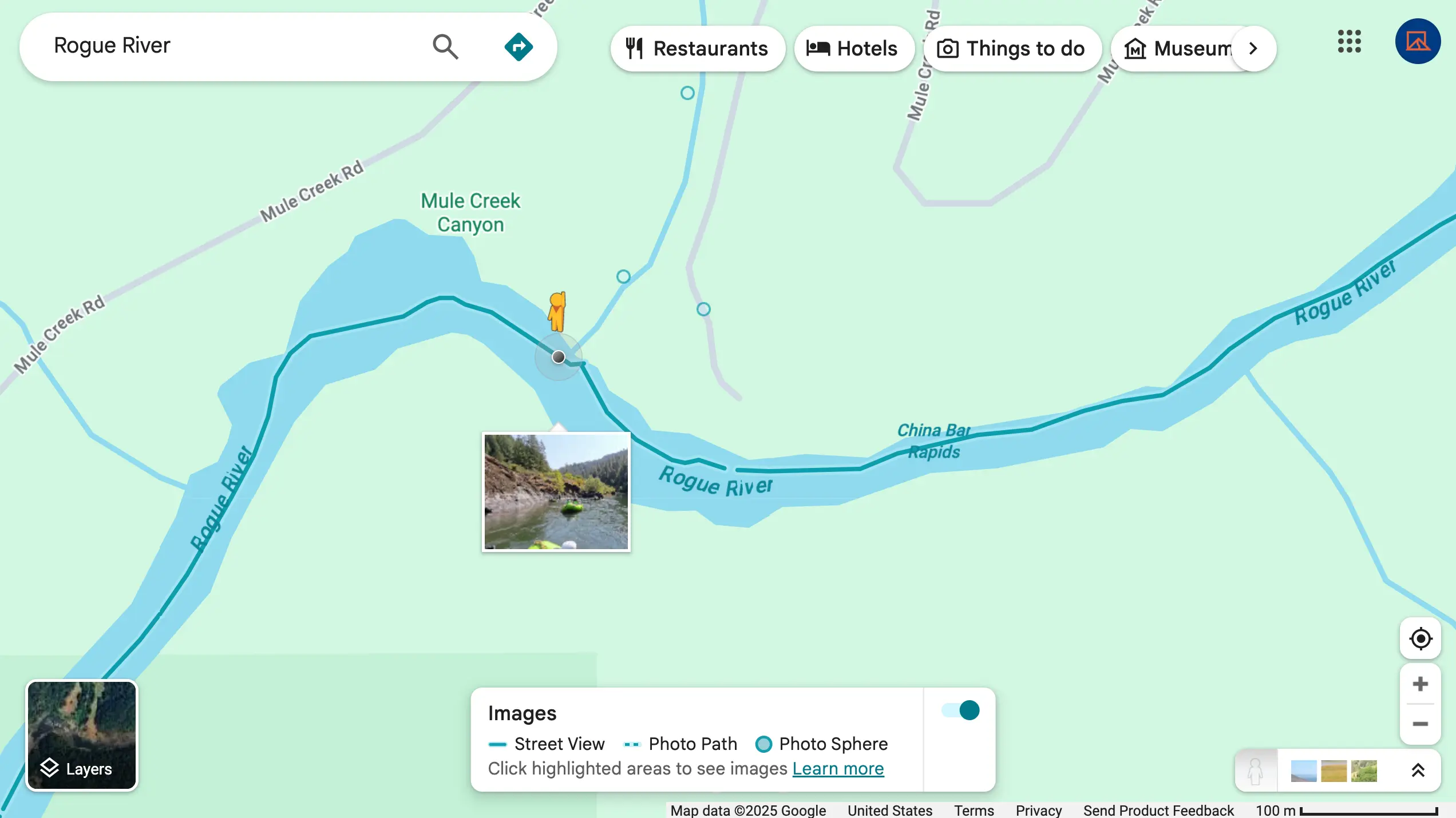 Street View blue line coverage along a river corridor