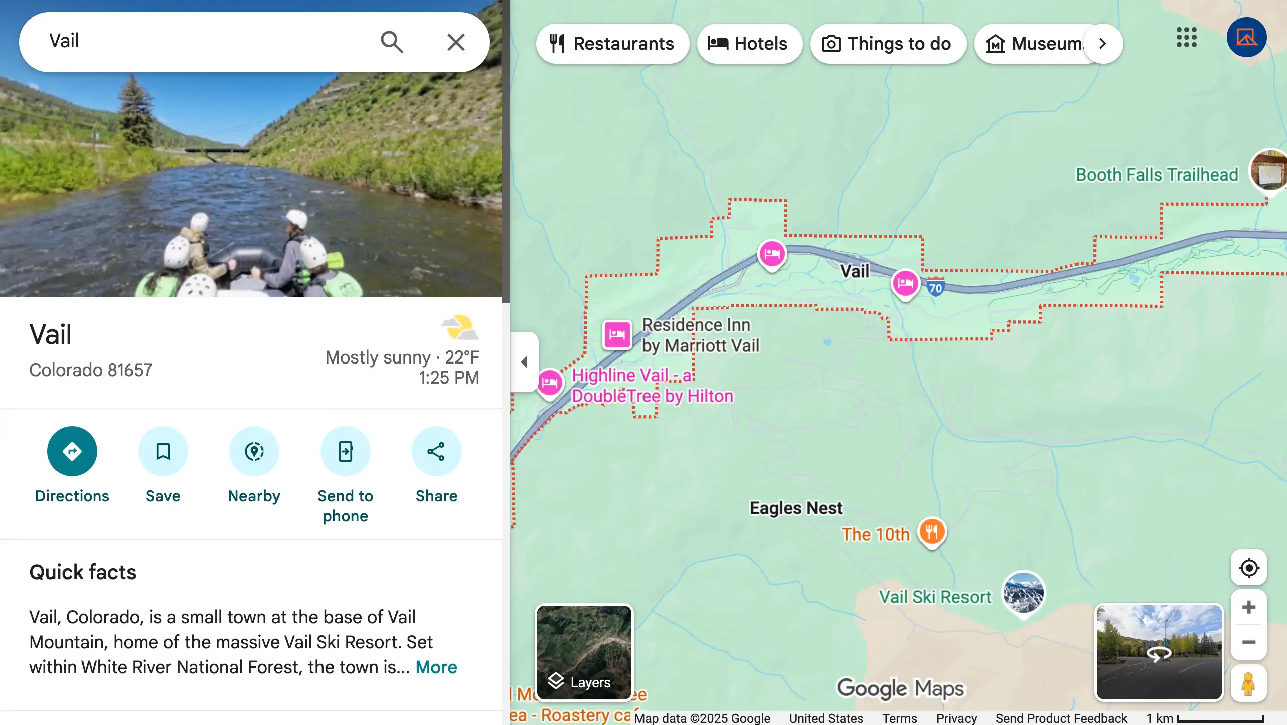 Google Maps city page with rafting 360 image featured